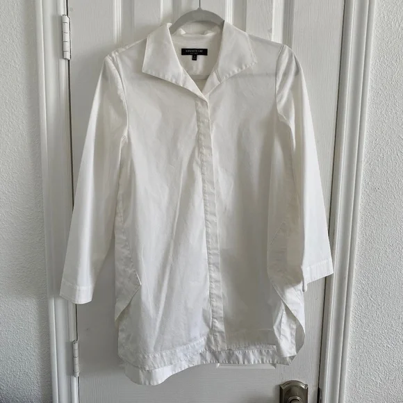 Lafayette 148 New York - White 3/4 Sleeve Button-Down Shirt Tunic Blouse - Picture 3 of 10